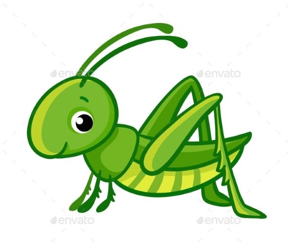 a cartoon green grasshopper with big eyes