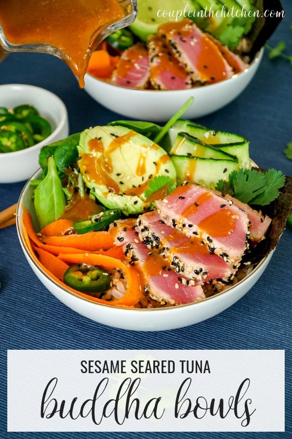 sesame seared tuna buddha bowls with carrots and cucumbers