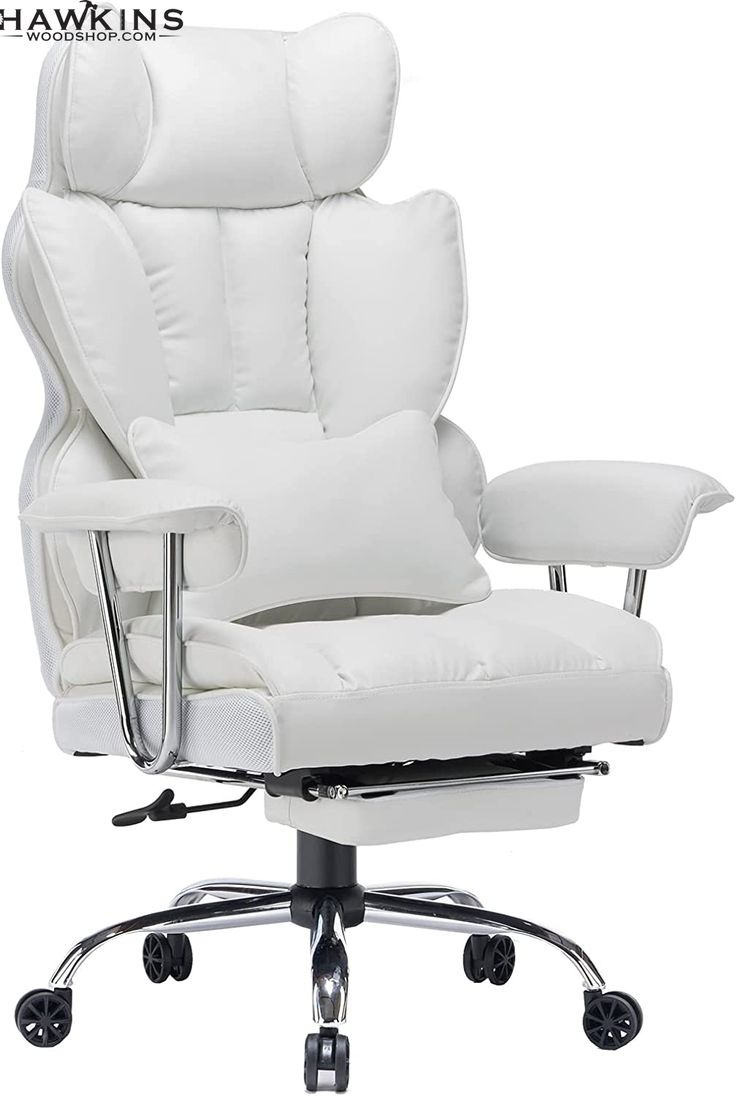 white leather office chair with footstool and ottoman in front of a white background