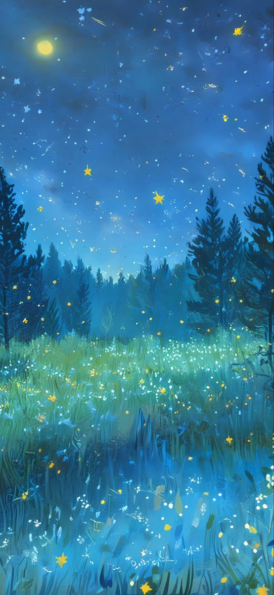 a painting of a night sky with stars and flowers in the foreground, trees on the far side