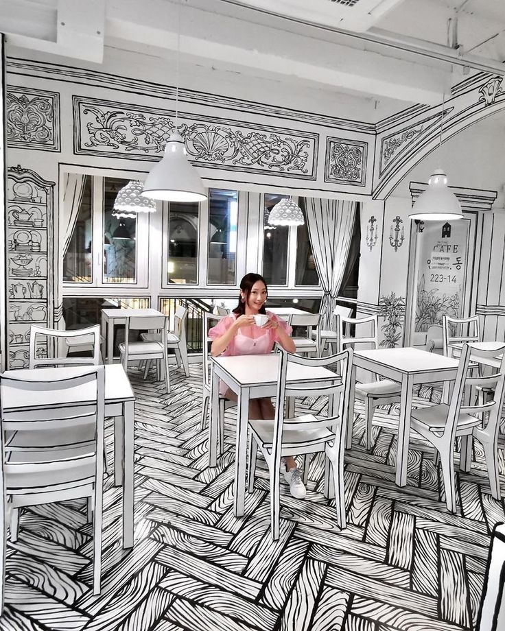 a drawing of a woman sitting at a table in a room with zebra print flooring