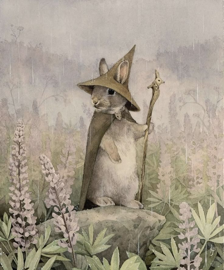 a painting of a rabbit wearing a hat and holding a stick sitting on top of a rock