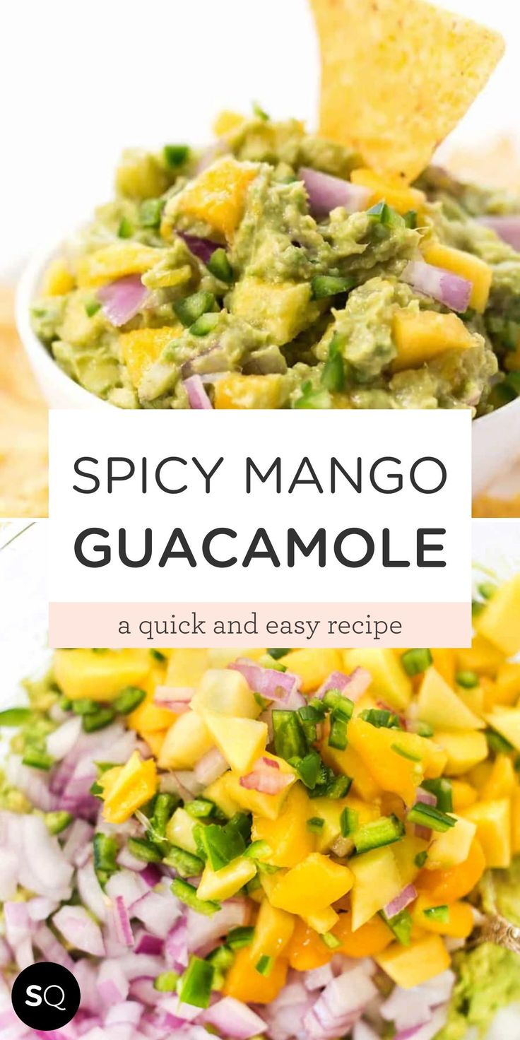 the recipe for spicy mango guacamole is shown in two bowls with chips