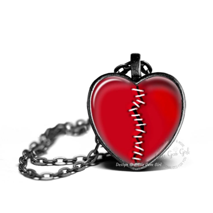 Little Gem Girl® Exclusive Design!   Love Hurts - Broken Heart Pendant (complete with little stitches) makes a fun and unique gift for Valentine's Day, Heart Surgery Patients or even for someone who has lost someone they love.  Share the love and make a heartfelt statement with this one-of-a-kind necklace. Pendant is approximately 1 inch x 1 inch, 25mm x 25mm.  Metal Finish: Silver, Gunmetal or Copper Chain Style: Link Chain, Ball Chain or Key Chain Get the matching earrings here: https://www.et Valentine's Day Heart-shaped Themed Jewelry, Valentine's Day Heart Shaped Themed Jewelry, Valentine's Day Themed Heart Jewelry, Themed Heart-shaped Jewelry Gift, Handmade Themed Jewelry For Valentine's Day, Red Heart-shaped Novelty Jewelry, Handmade Red Heart Necklace For Valentine's Day, Red Adjustable Heart Necklace As A Gift, Adjustable Red Heart Necklace Gift