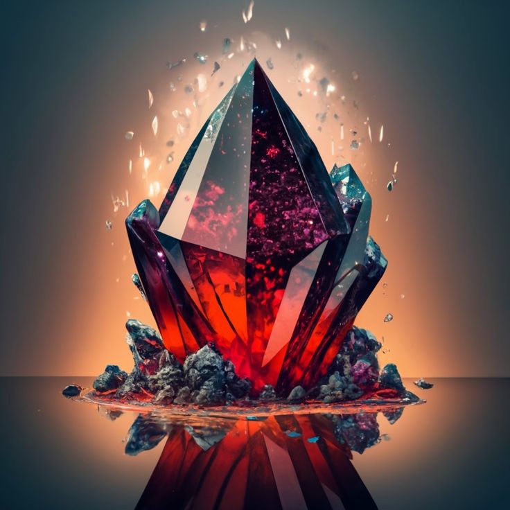 a red crystal on top of some rocks and water with sparkles in the background