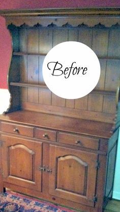 an old wooden dresser with the words before painted on it's top and bottom