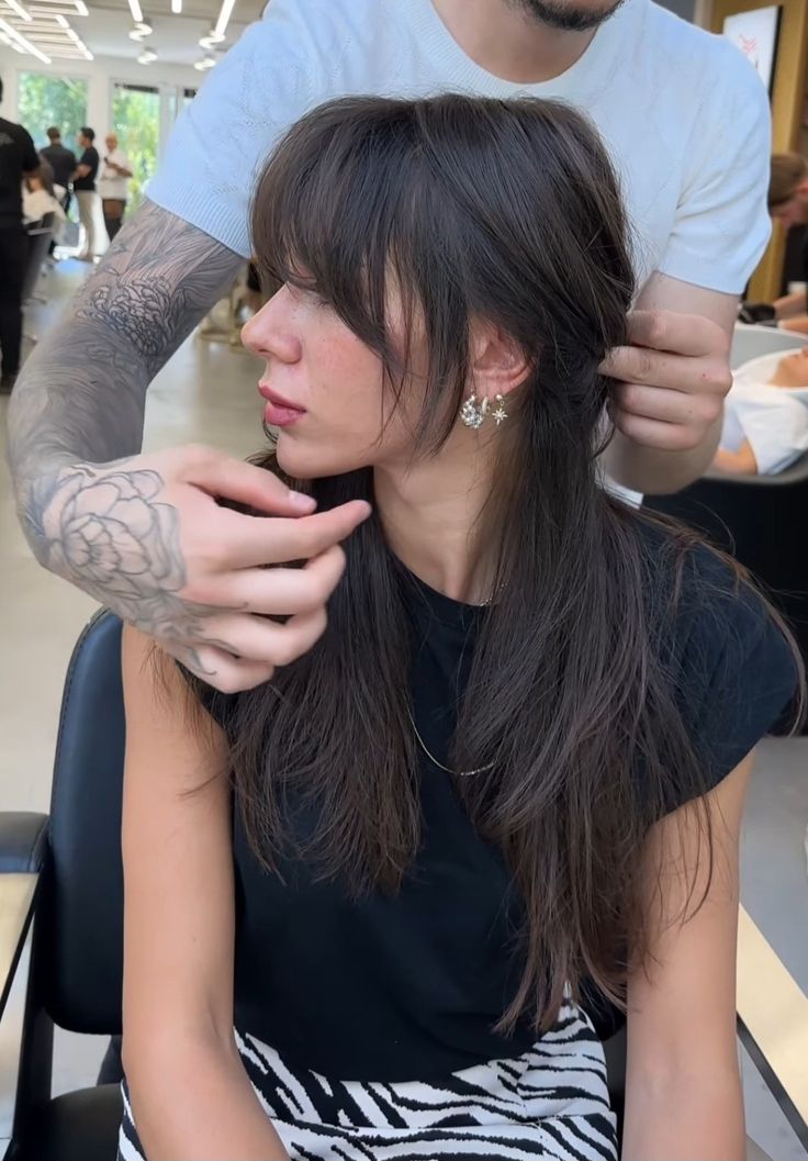 Low Ponytail Bangs, Wispy Thick Bangs, Bangs Split In Middle, Black Hair Vibes, Haircut With Wispy Bangs And Layers, Thick Fringe Bangs Long Hair, Thick Long Hair With Bangs, Long Bob With Fringe Round Faces, Elegant Shag Haircut