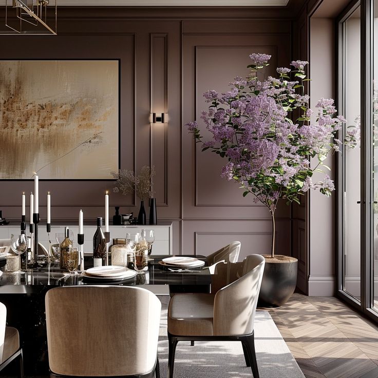 an elegant dining room with purple flowers in the center