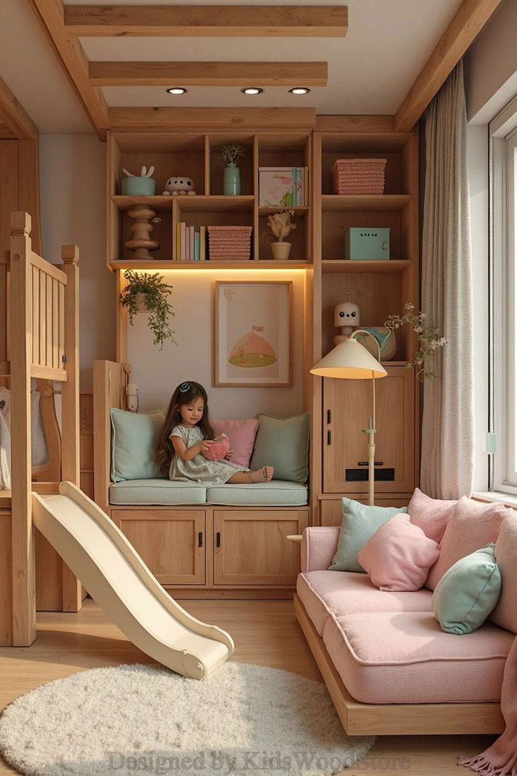 a child's bedroom with a slide and bookshelf