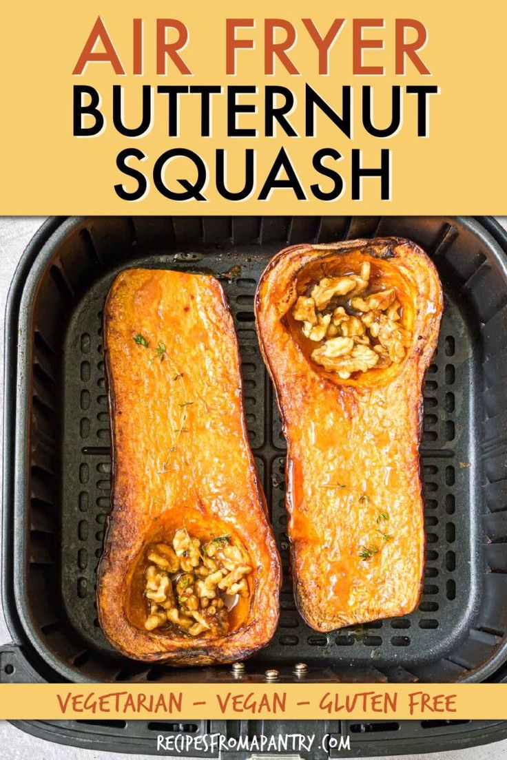 air fryer butternut squash in an air fryer with text overlay that reads, air fryer butternut squash