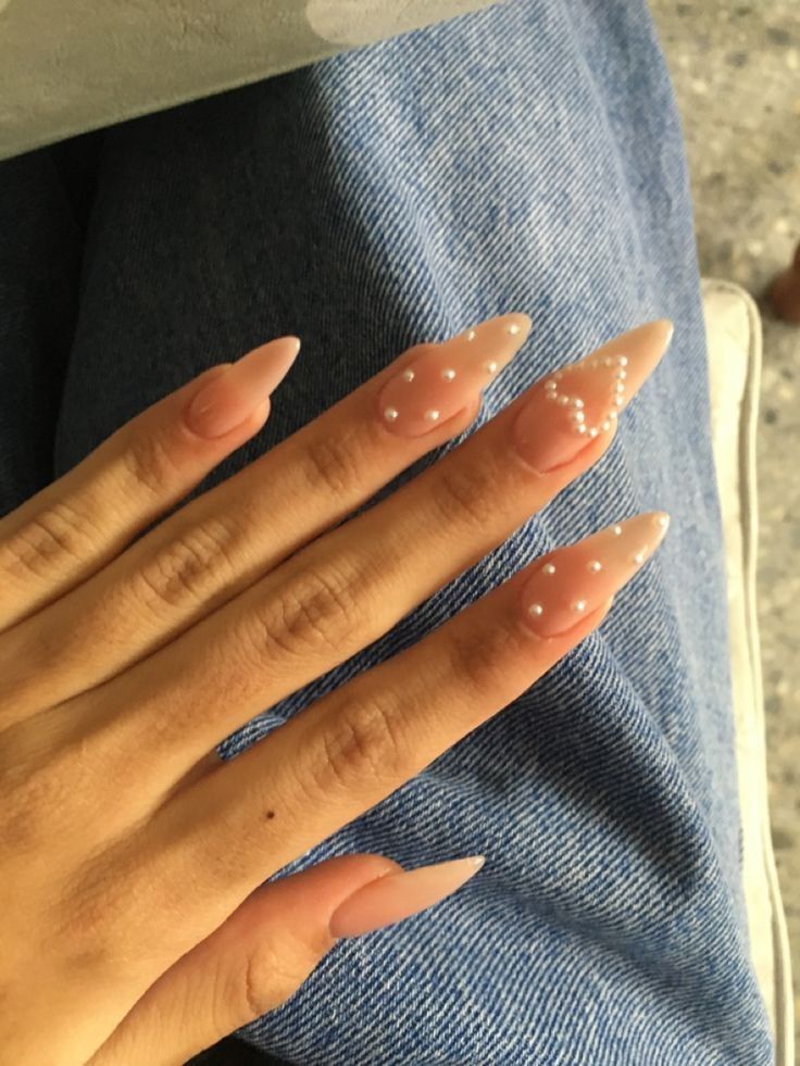 Classy & Aesthetic Baddie Nails | Anime Nails | Trendy Summer Nails 2023 False Nails Designs Press On Pearl Nails, Blush Nails With Pearls, Pearls In Nails, Heart Nails Rhinestones, Nails With Heart Pearls, Pearl Gem Nail Designs, Hearts And Rhinestone Nails, Heart With Rhinestones Nails, Gel X Classy Nails