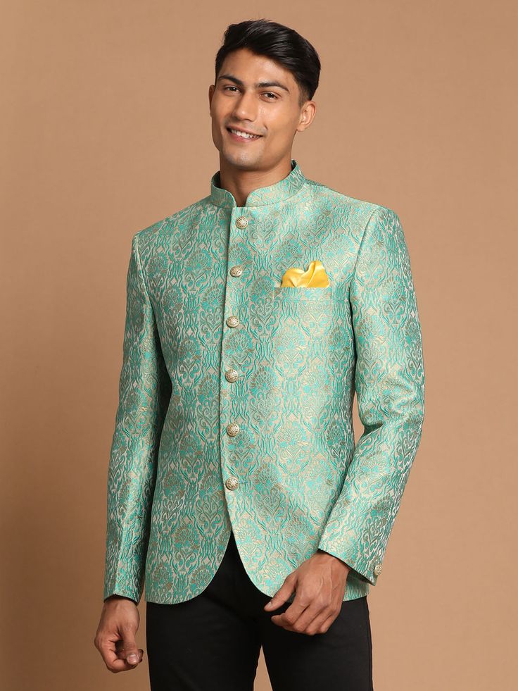 Vastramay Men's Green Woven Jodhpuri Designer Pista Green Kurta For Eid, Designer Festive Pista Green Sets, Designer Green Kurta For Festive Occasions, Designer Green Sets For Eid, Designer Green Nehru Jacket For Festive, Designer Green Nehru Jacket For Festive Season, Designer Green Long Sleeve Traditional Wear, Designer Green Festive Sets, Designer Green Traditional Wear For Eid