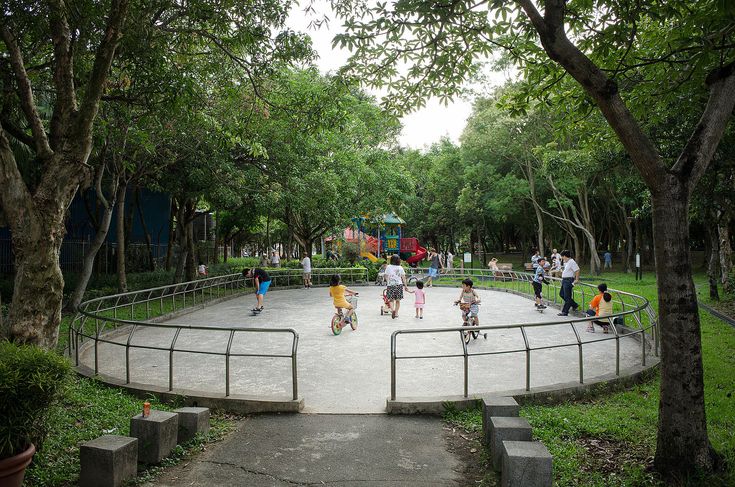 children playing in the park on skateboards and scooters with trees around them