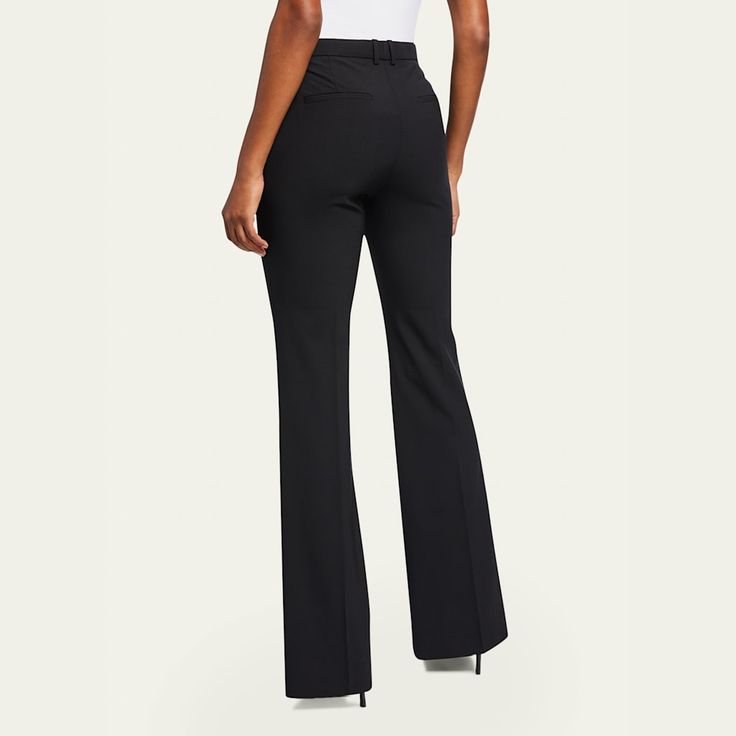 Theory "Demitria" Good Wool pants. Approx. measurements:  35" inseam; 22" leg opening; 10" front rise; 15" back rise, size 8. Mid rise; darts at back. Side slip pockets; back welt pockets. Fitted through straight legs. Full length hem. Hook/zip fly; belt loops. Wool/spandex. Care note:  Do not wash, bleach, or tumble dry. Cool iron if needed. Dry clean with any solvent except trichloroethylene. Imported. Fitted Straight Leg Pants With Belt Loops, Fitted High Waist Work Pants For Office, Evening Dress Pants With Belt Loops And Straight Leg, High-waisted Stretch Dress Pants For Formal Occasions, Stretch High-waisted Dress Pants For Formal Occasions, Formal Stretch High-waisted Dress Pants, Fitted Straight Work Pants With Belt Loops, Fitted Wide Leg Office Bottoms, Fitted High-waisted Work Pants For Office