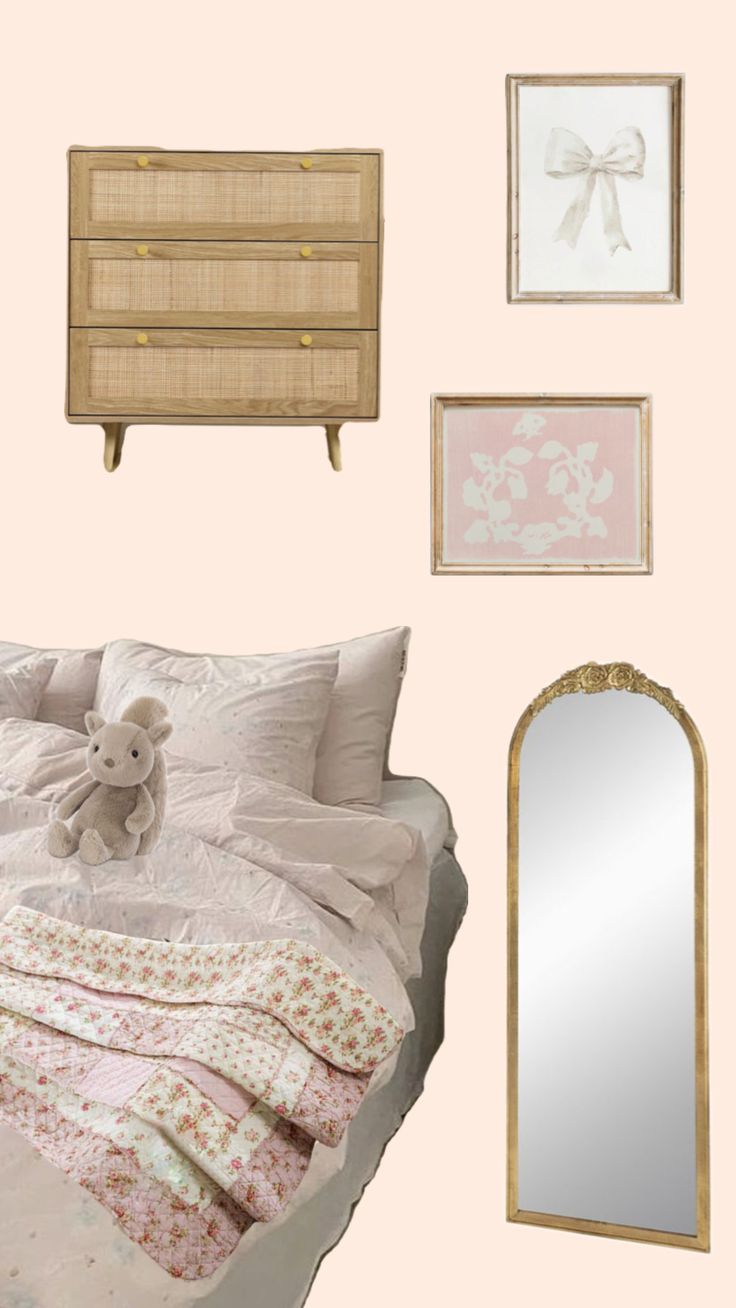 there is a bed, mirror, dresser and teddy bear on the wall in this bedroom