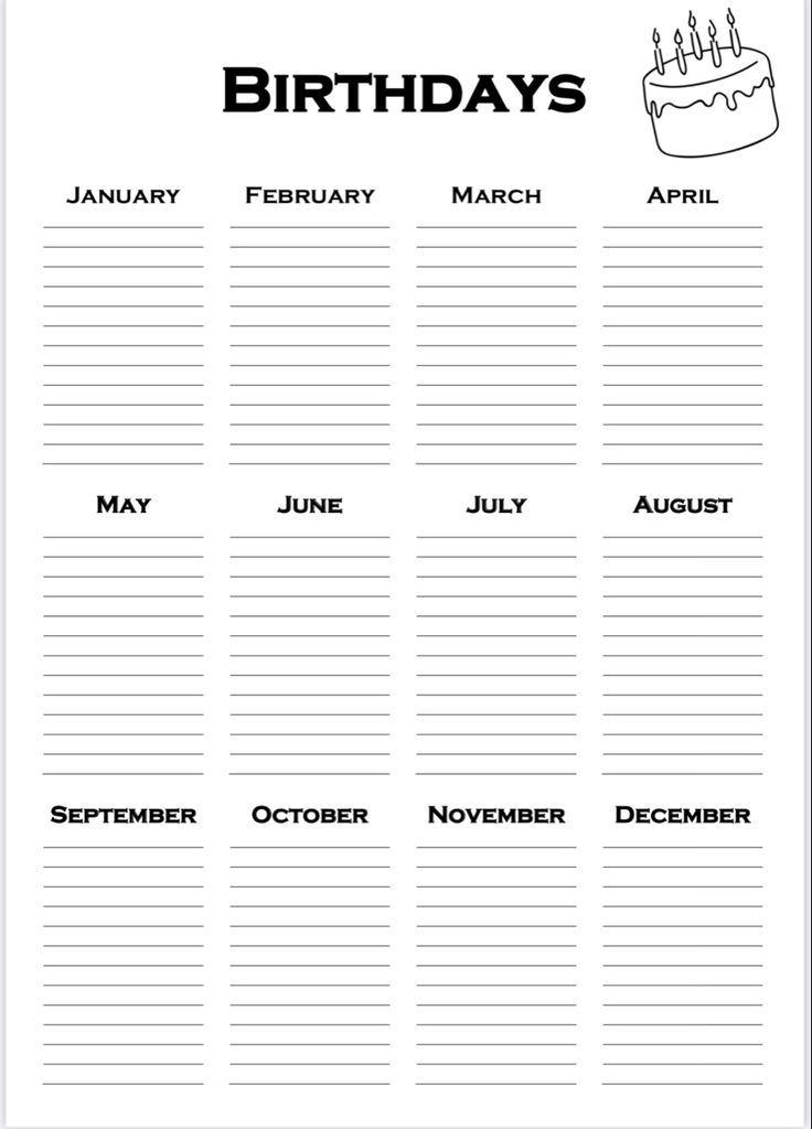 a birthday calendar with the words, months and numbers in black on a white background