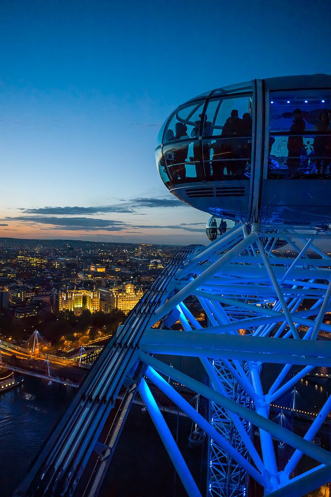 an aerial view of the london eye at night, taken from the top of the ferris wheel