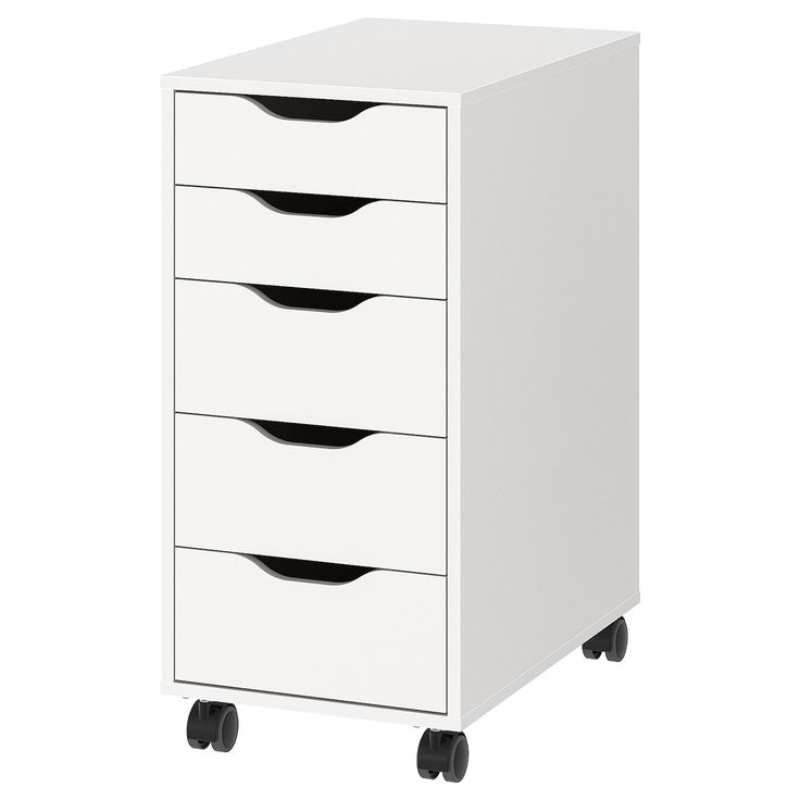 a white filing cabinet with four drawers on wheels