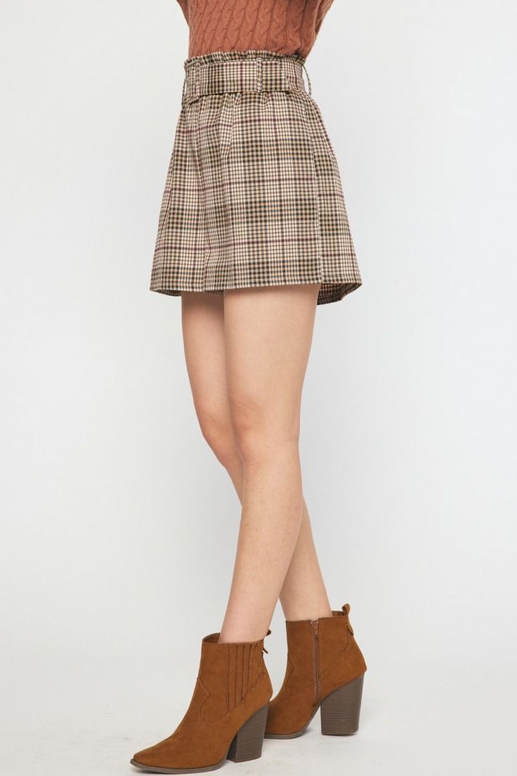 plaid high waist paper bag shorts Brand: Entro Style: P18870 Fabric: 98% POLYESTER 2% SPANDEX Details: Checkered high waisted shorts featuring belt at waist. Pockets at side. Elastic at back waist. Lined. Woven. Non-sheer. Lightweight. 5'9.5" and wearing size Small Casual High Waist Plaid Skort, Trendy Belted Shorts, Preppy Plaid Bottoms For Fall, Trendy High Waist Plaid Skort, Trendy High-waist Plaid Skort, Fall Season Belted Short Bottoms, Preppy Short Bottoms For Fall, Trendy Plaid Shorts For Spring, Preppy Short-length Bottoms For Fall