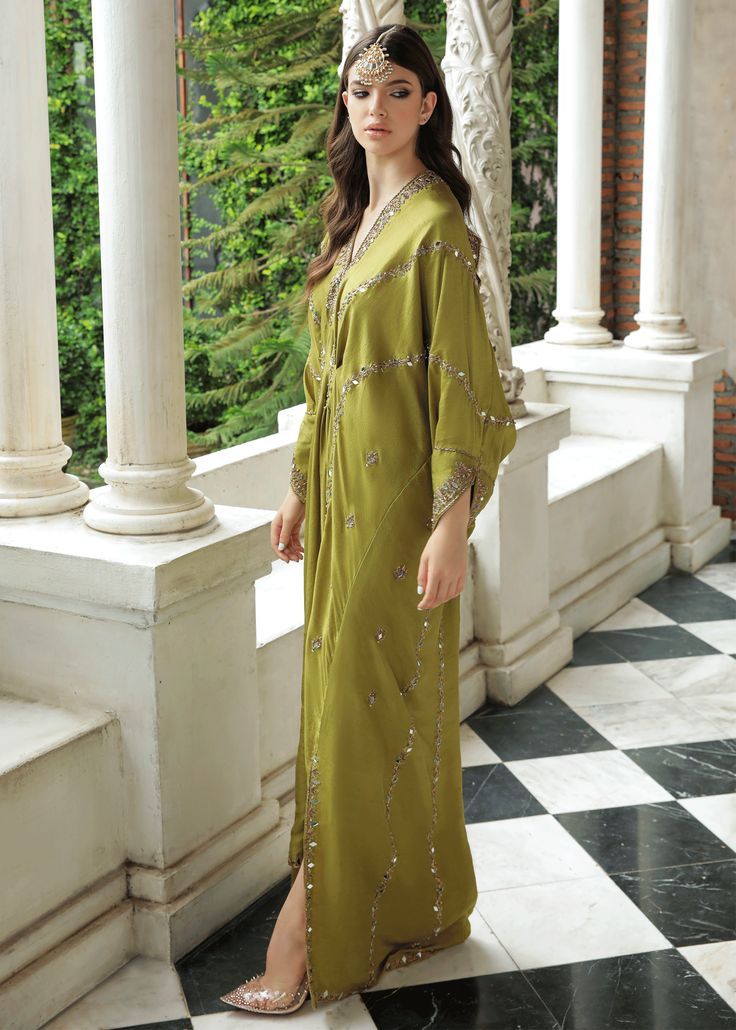 Sheen green pure rawsilk Kaftan all handworked with dabka, resham, zardozi and mirrorwork details (fully worked front and back) Green Kaftan, Astoria Ny, Raw Silk, Design Studio, Pure Products, Purple, Green