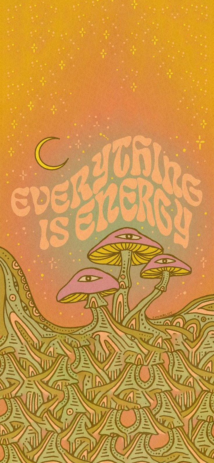 an art print with mushrooms and the words everything is energy written in pink on yellow