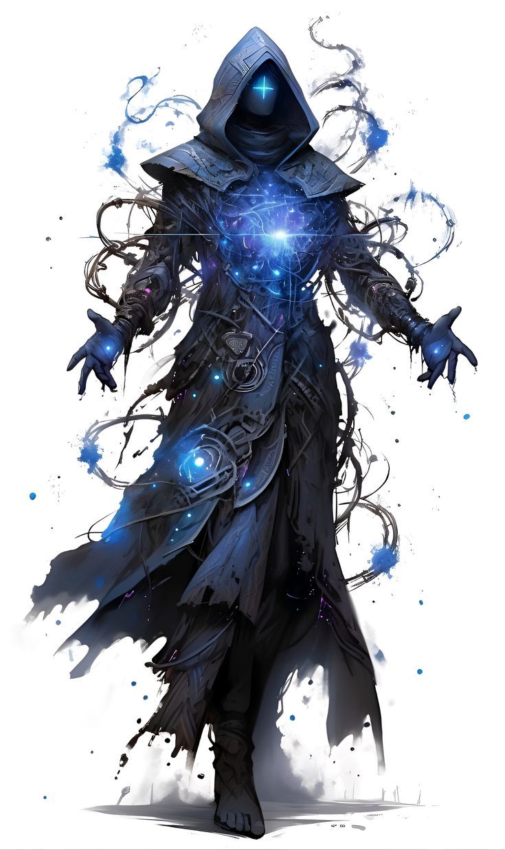 a drawing of a man in a hooded suit with blue lights on his hands and arms