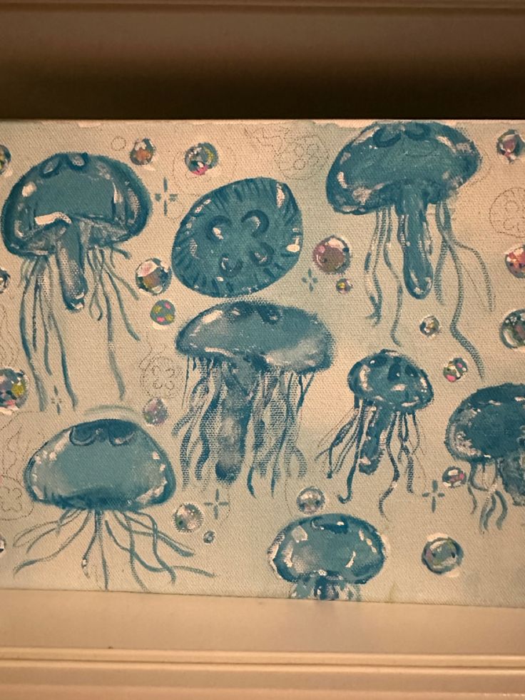 a painting of jellyfish in blue and white