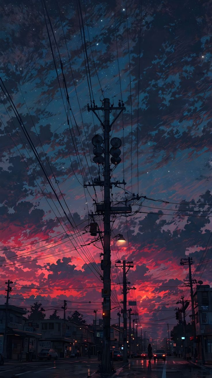 the sky is pink and purple as it sits on top of power lines at night