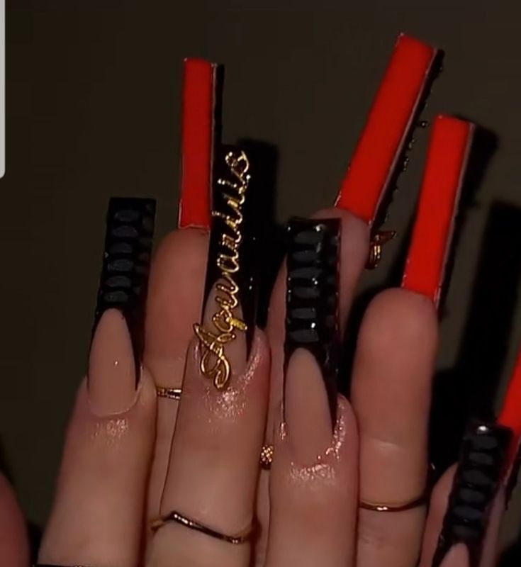 Red And Black Nails Black Women, Red Bottom Acrylic Nails Square, Long Acrylic Nails Red Bottoms, Long Square Acrylic Nails Red And Black, White Red Bottom Acrylic Nails, Red And Black Birthday Nails Acrylic, Cute Red Birthday Nails, Cute 19th Birthday Nails, Red Black And Gold Acrylic Nails