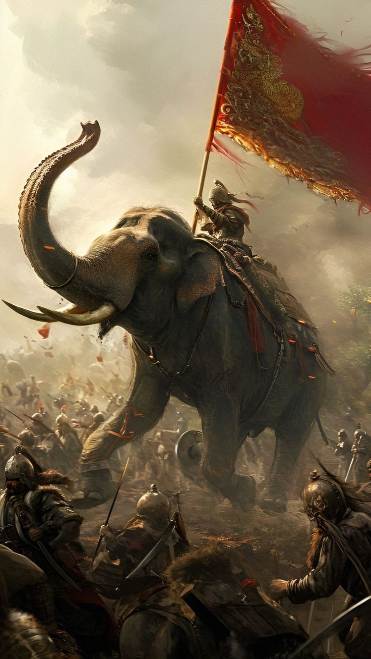 an elephant with two men riding on it's back in front of a crowd