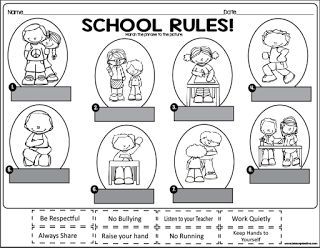 the worksheet for school rules is shown in black and white, with pictures of children