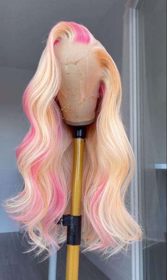 Blonde Pink Wavy Lace Front Wig Human Hair – newhairagenda Pink Wig With Blonde Highlights, Blonde And Pink Lace Front Wig, Summer Wig Colors, Pink And Blonde Wig, Blonde And Pink Wig, Wig With Pink Highlights, Pink And Blonde Hair, Blonde Pink, Frontal Wig Hairstyles