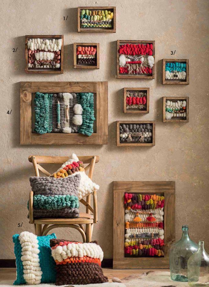 a living room filled with lots of different types of items on the wall next to a chair