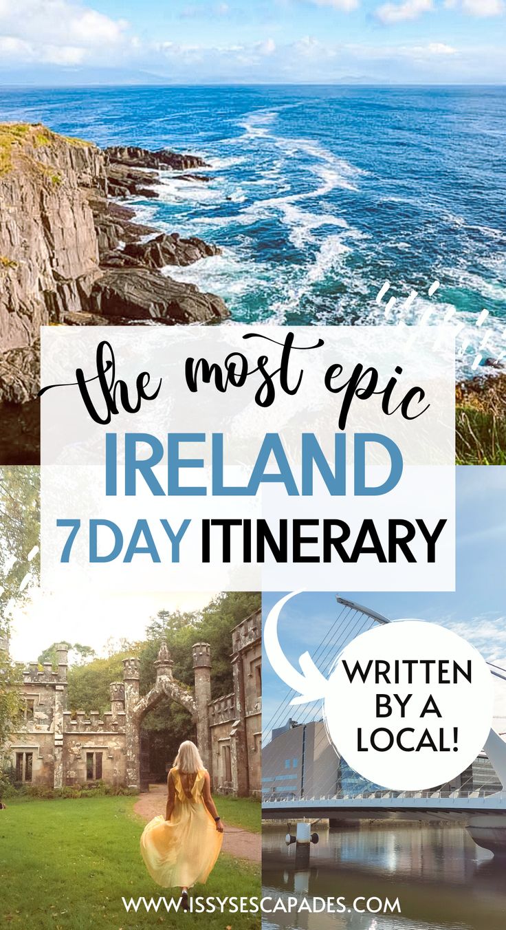 destinations from a 7 day ireland itinerary - waves crashing against cliffs on slea head,  girl in yellow dress walking towards a dreamy castle, and the modern samuel beckett bridge in dublin reflected in the river liffey under blue skies. Ireland Road Trip Itinerary, Galway Girl, Ireland Road Trip, Ireland Itinerary, Visit Dublin, Travel Ireland, Ireland Travel Guide, Ireland Trip, Travel Things