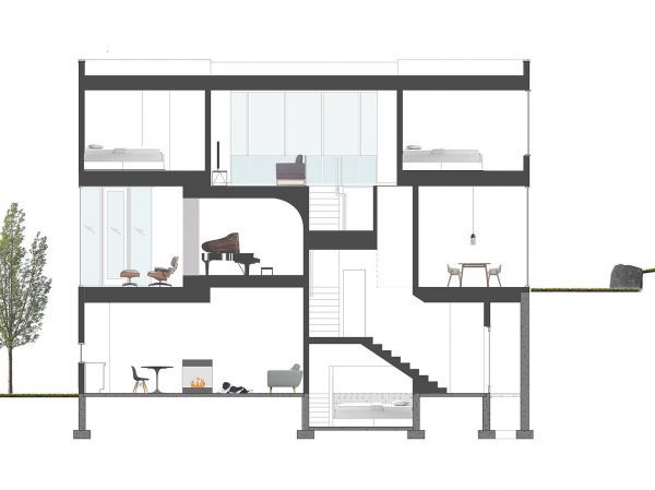 an architectural drawing of a house with multiple levels and various rooms, including the living room