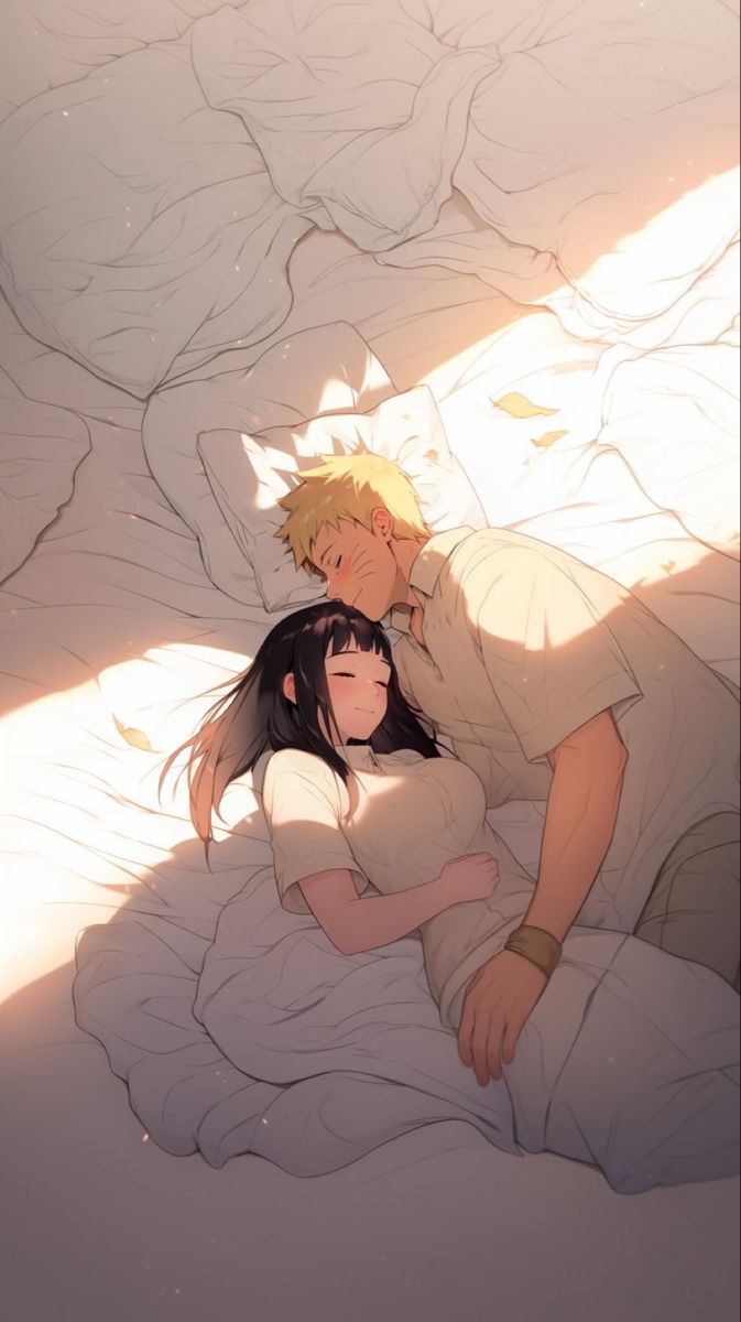 two anime characters laying in bed together