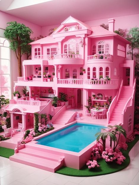 a pink doll house with a pool in the middle and lots of flowers around it