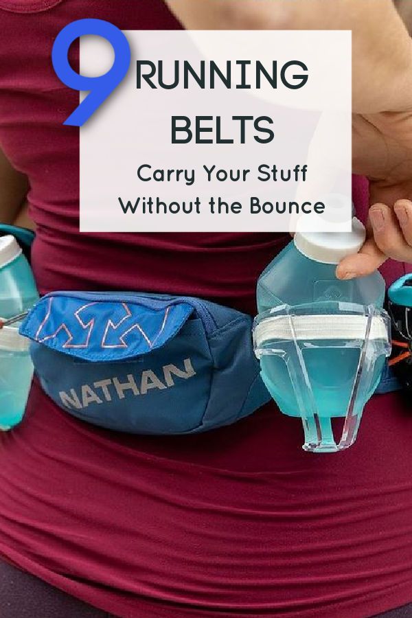 a woman is holding her waist with water in it and the words running belts carry your stuff without the bounce