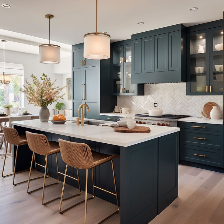 a large kitchen with blue cabinets and white counter tops, gold accents on the island