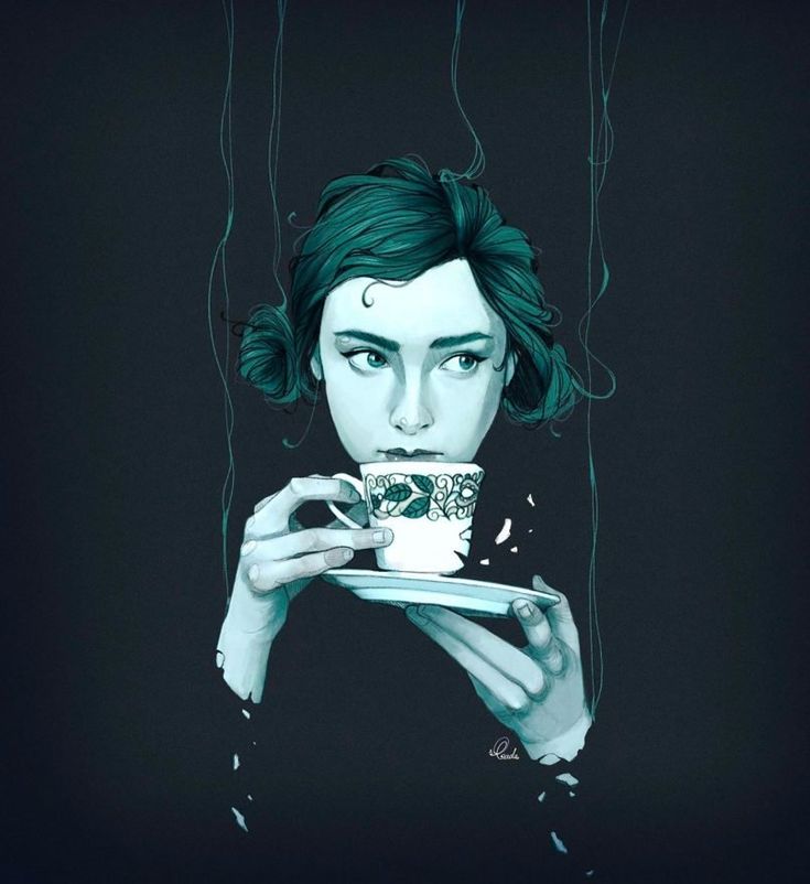 a painting of a woman holding a coffee cup and saucer in her right hand