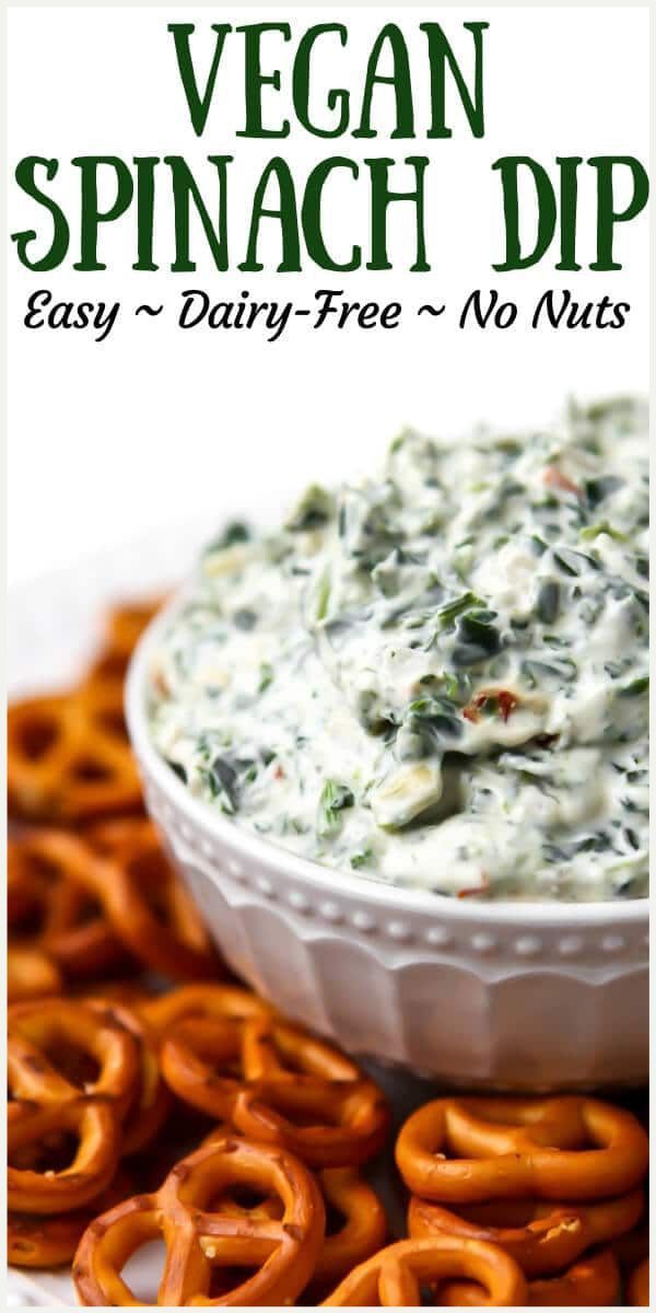 vegan spinach dip with pretzels on the side