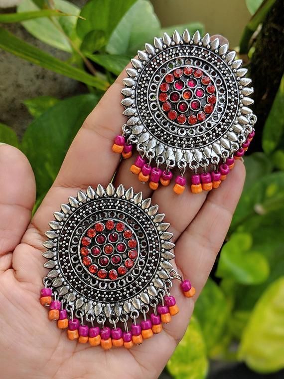 Afghani earrings bohemian beads earrings oxidised | Etsy Oxodise Jewellery, Jhumkas Aesthetic, Afghani Earrings, Jay Krishna, Earrings Oxidised, Oxidized Jewellery, Cardboard Recycling, Big Statement Earrings, Oxidised Silver Jewelry