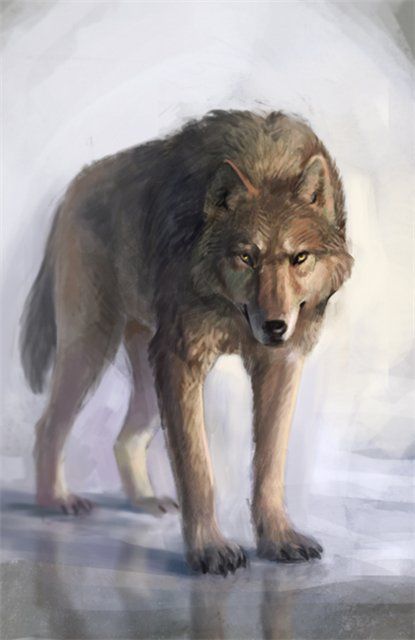 a painting of a wolf standing in the snow