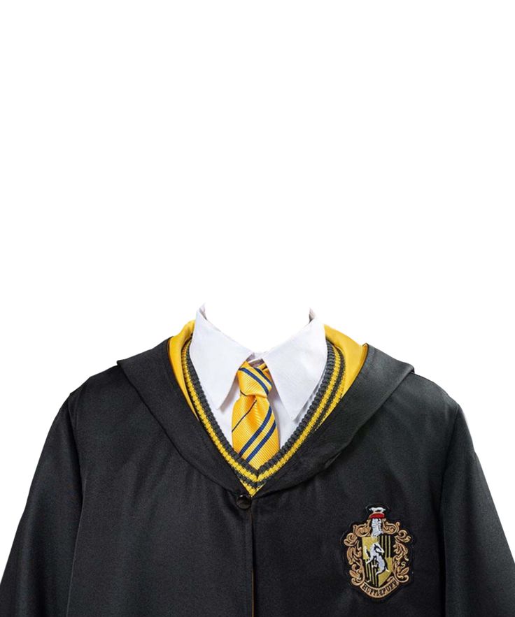 a harry potter robe with a yellow and black striped tie on the collar is shown