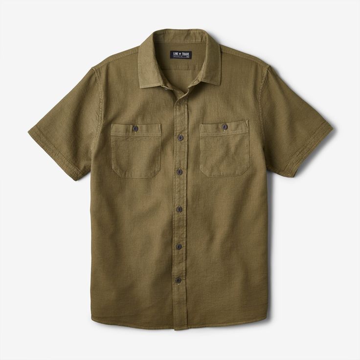 Line of Trade has stitched up a super comfy, modern take on the familiar two-pocket work shirt. A lightweight standout in any summer wardrobe, its built with a unique two-tone, pure cotton waffle weave for an upgraded texture. Its finished with heritage-inspired touches like mitered button pockets, folded and stitched sleeve cuffs, and a curved hem that makes for a great look, tucked or untucked as needed. And when youve called it a night, its got a back hanger loop to toss up on a hook, ready f Cotton Short Sleeve Work Shirt With Patch Pockets, Cotton Short Sleeve Shirt With Patch Pockets For Work, Casual Short Sleeve Shirt With Camp Collar And Pockets, Utility Tops With Patch Pockets For Everyday, Everyday Utility Tops With Patch Pockets, Everyday Cotton Shirt With Patch Pockets, Casual Short Sleeve Camp Shirt With Patch Pockets, Casual Camp Shirt With Patch Pockets, Casual Collared Short Sleeve Shirt With Patch Pockets