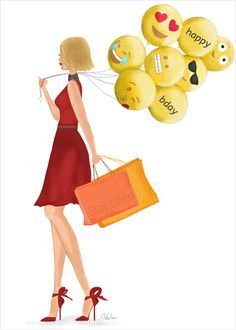 a woman in a red dress carrying shopping bags with emoticions flying around her