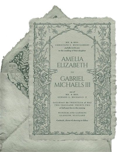 the front and back of a wedding card with an ornate frame on it, in green ink