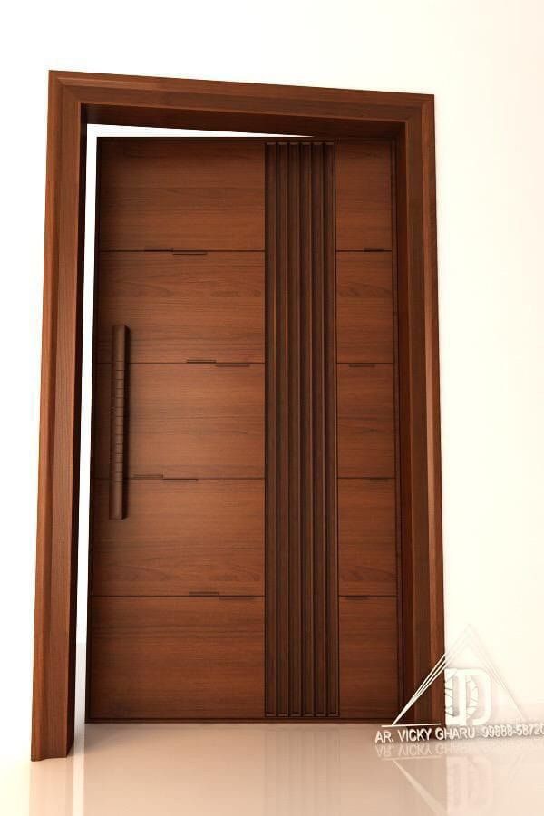 an open wooden door on a white background with reflection in the floor and wall behind it