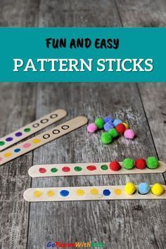 wooden pegs with colorful pom poms on them and the words fun and easy pattern sticks