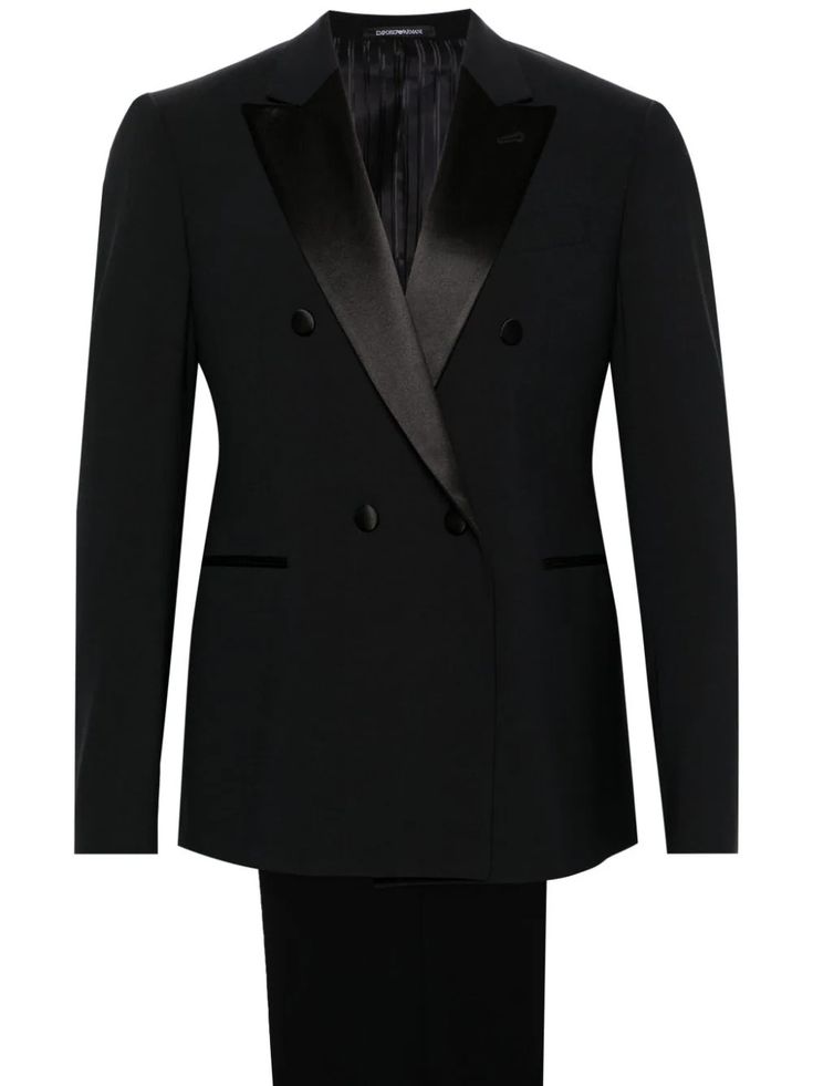 Emporio Armani double-breasted Wool Suit - Farfetch Blue Tuxedo, Suit Blue, Blue Tuxedos, Fur Parka, Twill Weave, Three Piece Suit, Short Suit, Wool Suit, Blouse Outfit